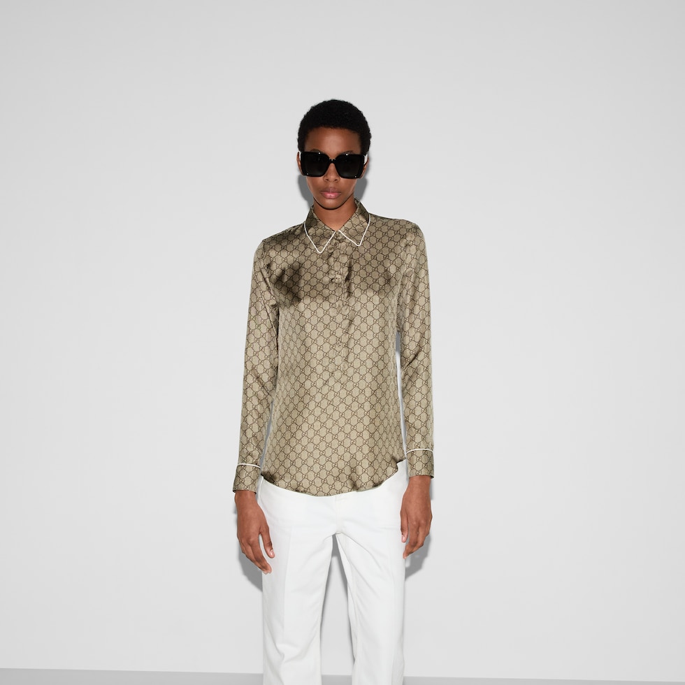 プリント入り シルクツイル シャツ ・キャメル＆ダークブラウン