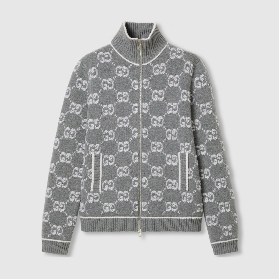 カーディガン BAL JACQUARD RAMIE CARDIGAN GG bouclé stitch jacquard cardigan in grey and ivory | GUCCI® SE
