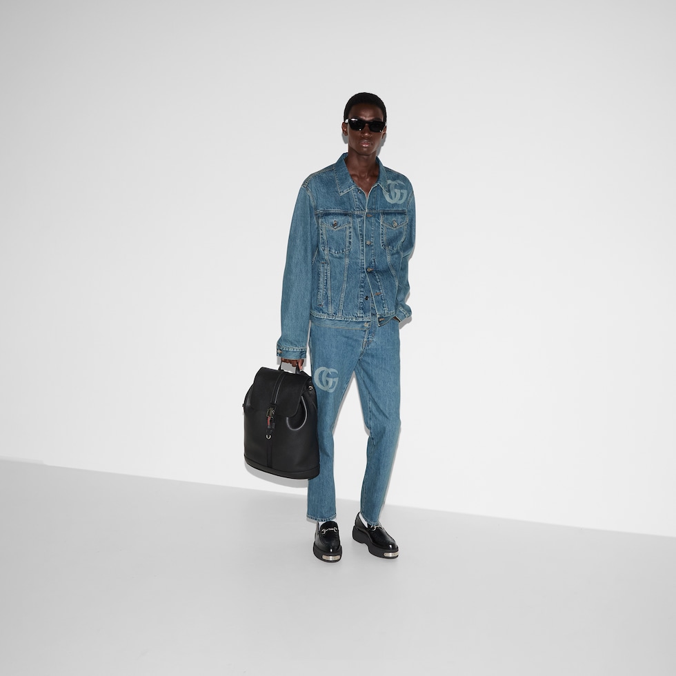 Lasered Double G denim pant in blue | GUCCI® CA