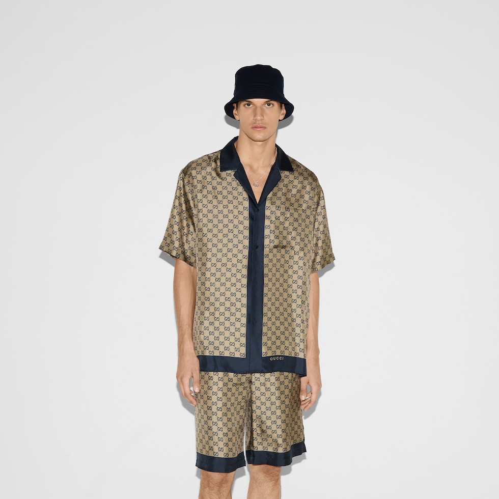 Printed silk shirt in beige and blue | GUCCI® US