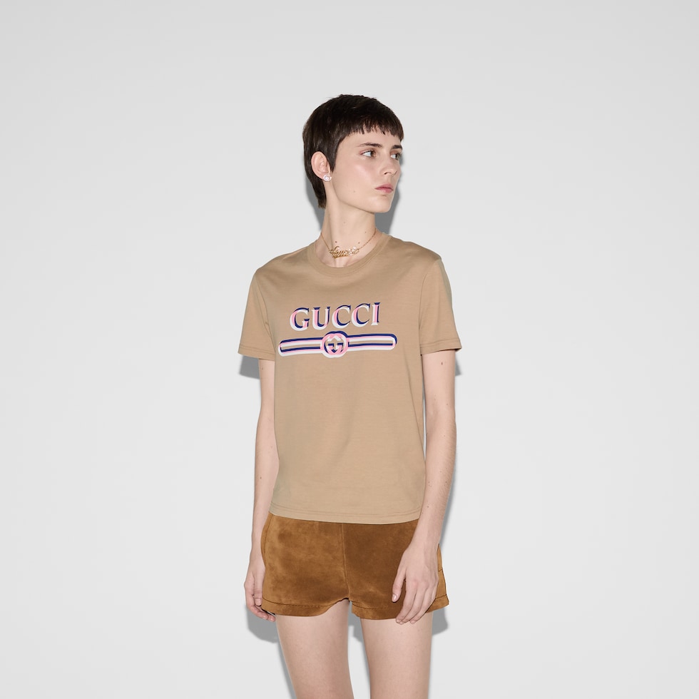 Cotton jersey T-shirt with print in camel | GUCCI® US