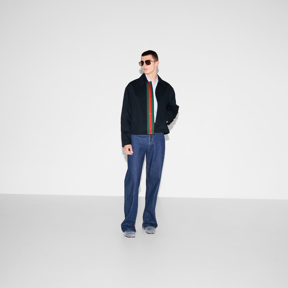 Embossed cotton gabardine jacket in dark blue | GUCCI® CA