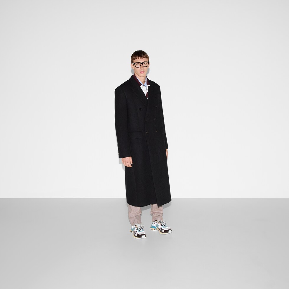 Batavia wool coat with Web in dark grey mélange | GUCCI® CZ