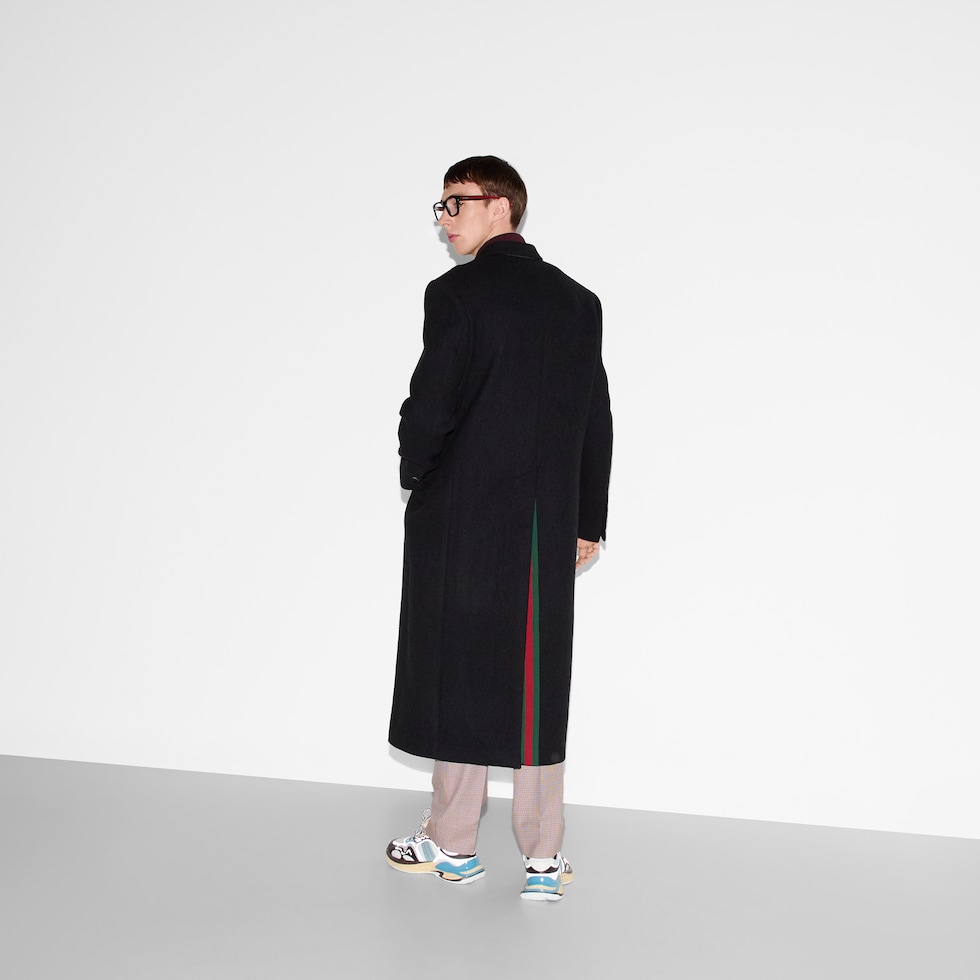 Batavia wool coat with Web in dark grey mélange | GUCCI® CZ