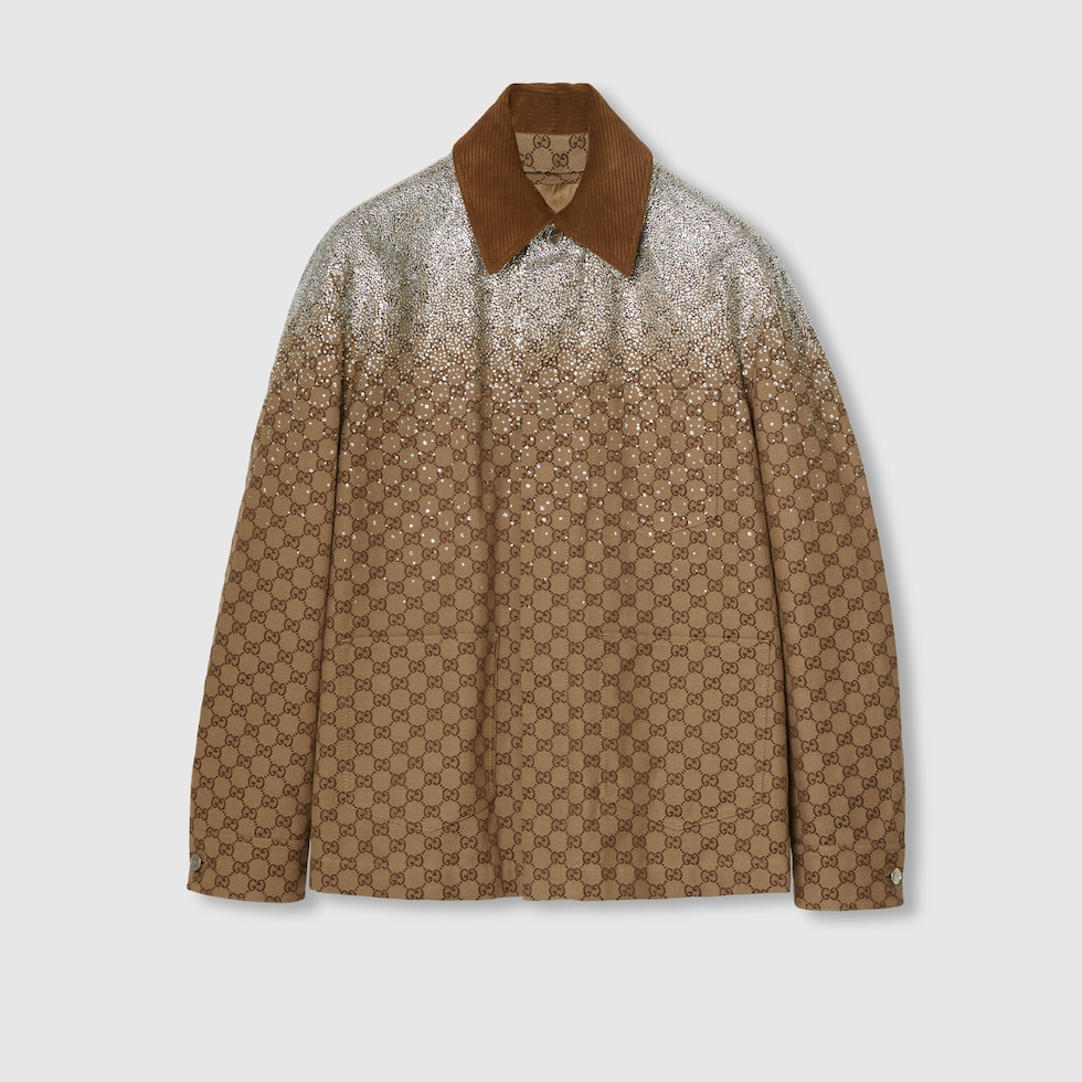 Embossed GG canvas jacket with crystals in camel and dark