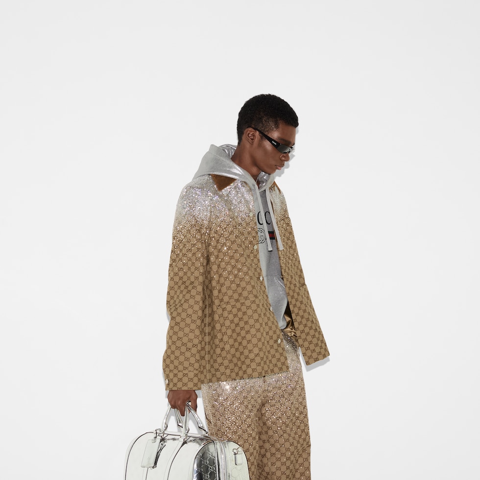 Embossed GG canvas jacket with crystals in camel and dark