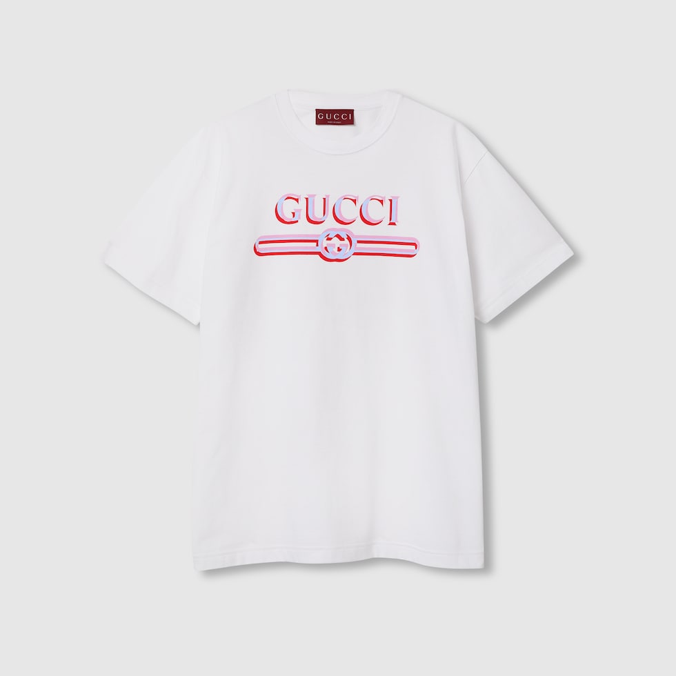 SS24 グッチ ロゴプリント付きホワイトコットンTシャツ コットンジャージー プリント Tシャツホワイト | GUCCI公式