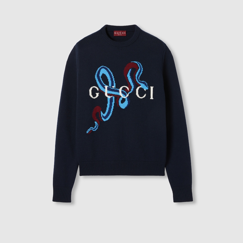 Wool cashmere sweater with intarsia in blue | GUCCI® US Wool cashmere sweater with intarsia in blue | GUCCI® US