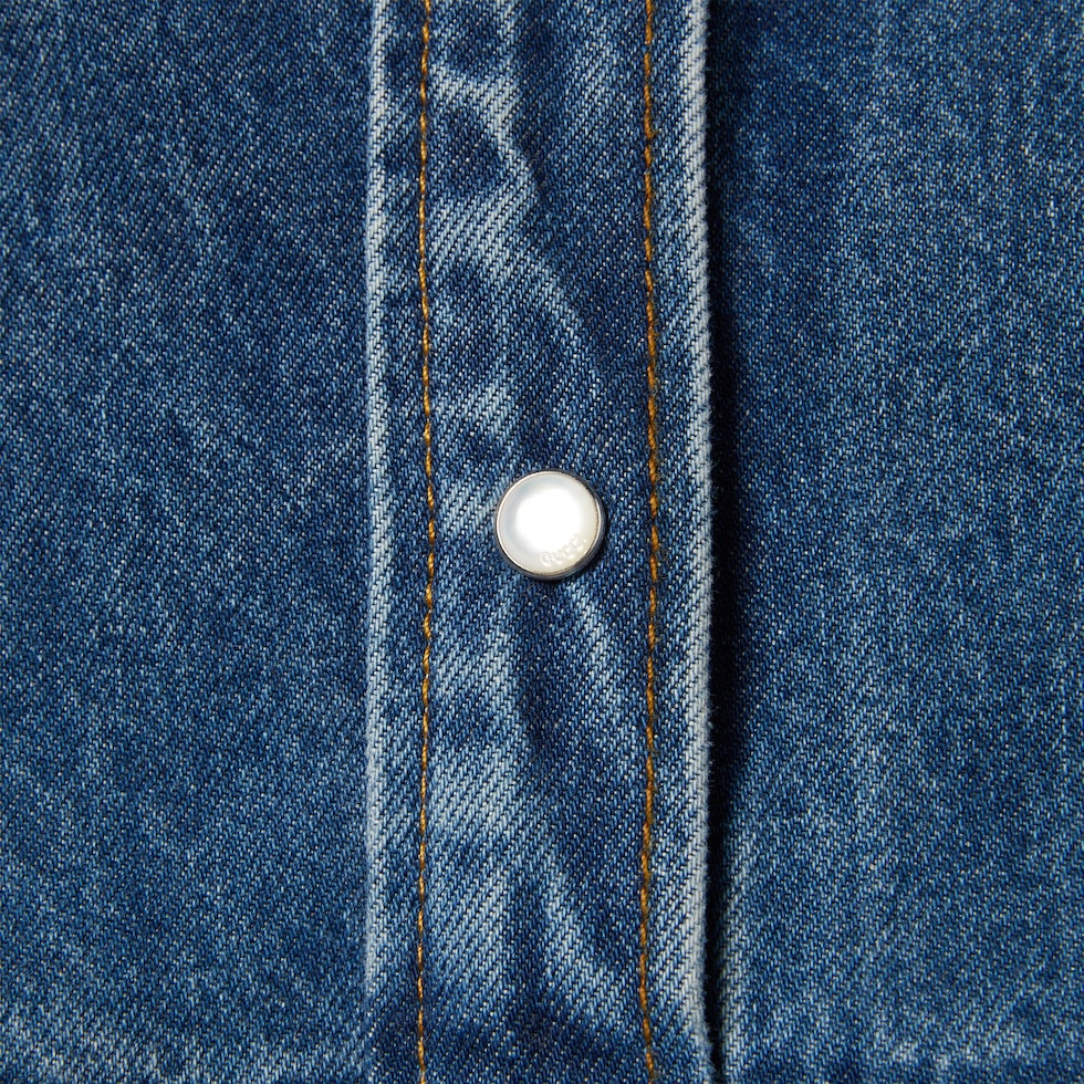 Lasered denim dress in blue | GUCCI® US