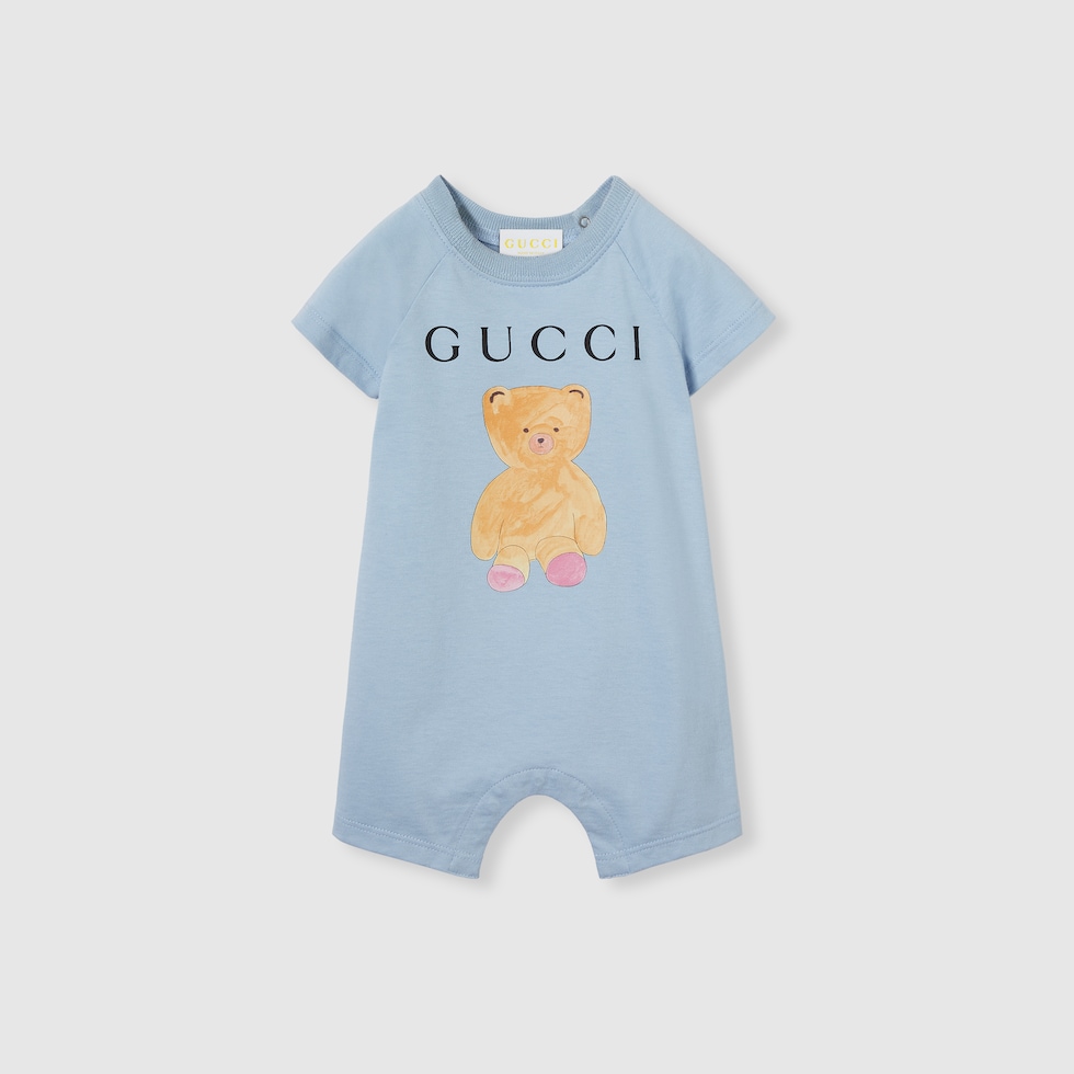 Baby printed cotton one-piece in light blue | GUCCI® US
