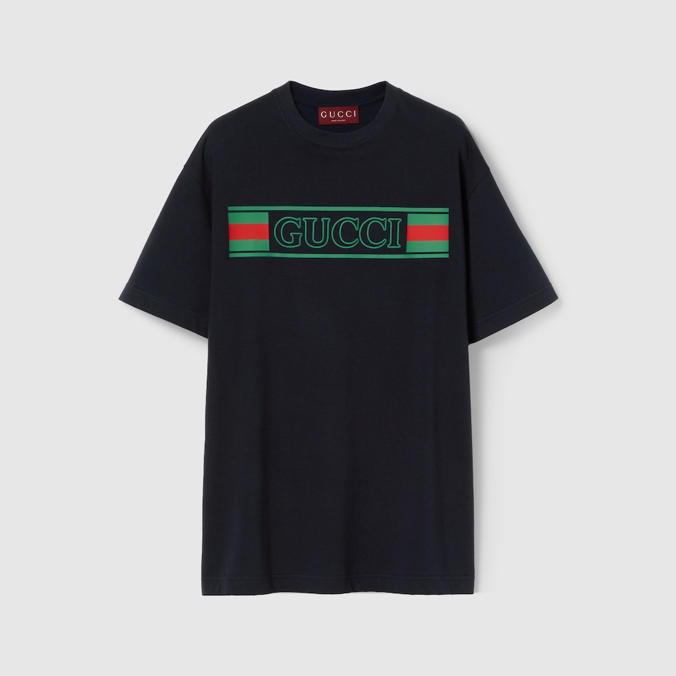 【関送込】GUCCI ネイビー プリント ジャージー Tシャツ プリント コットンジャージー Tシャツネイビー | GUCCI公式