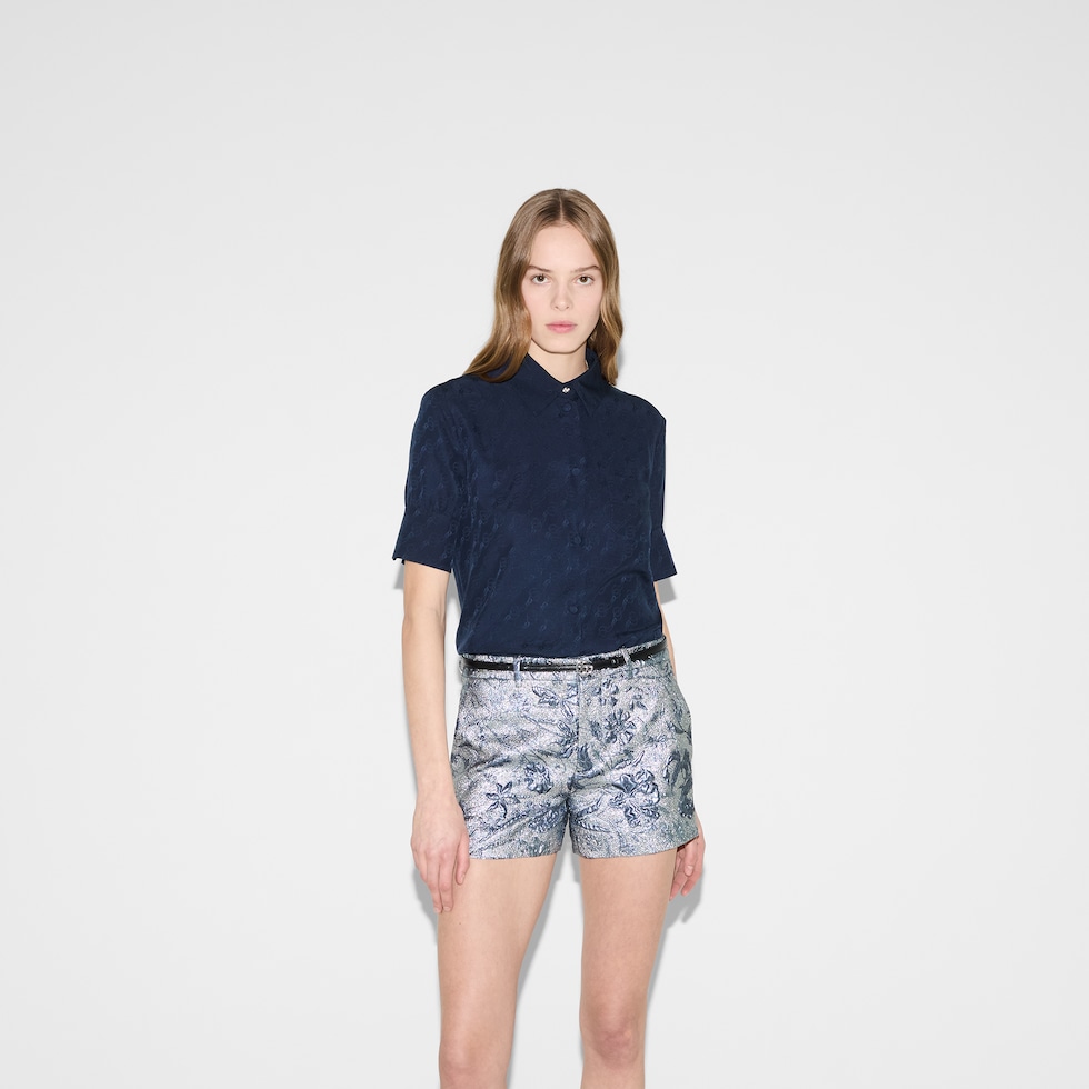 GG and chain silk jacquard shirt in blue | GUCCI® US