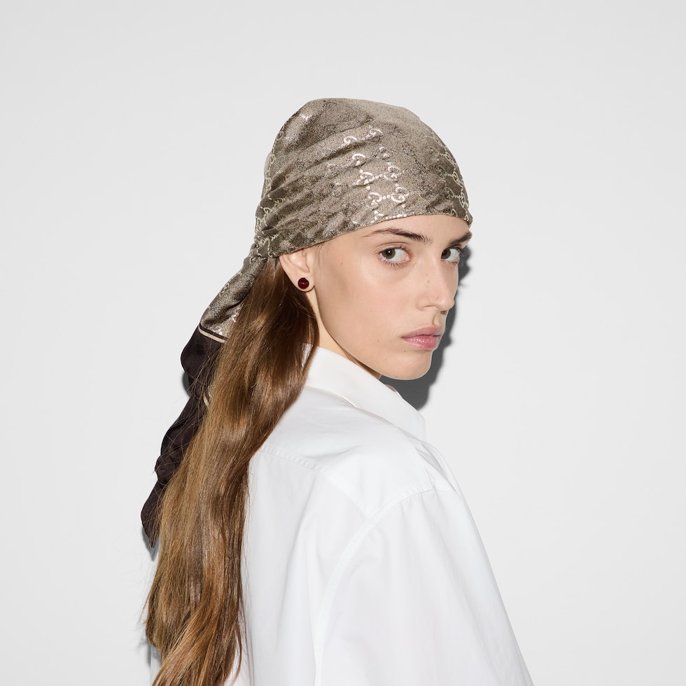 Laminated printed silk twill carré in brown | GUCCI® US