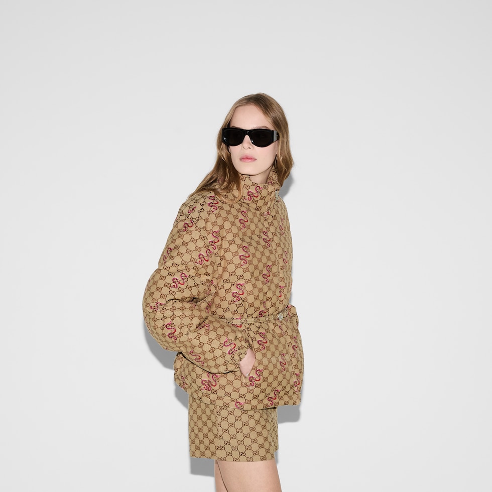 Embroidered GG canvas padded jacket in beige and dark brown