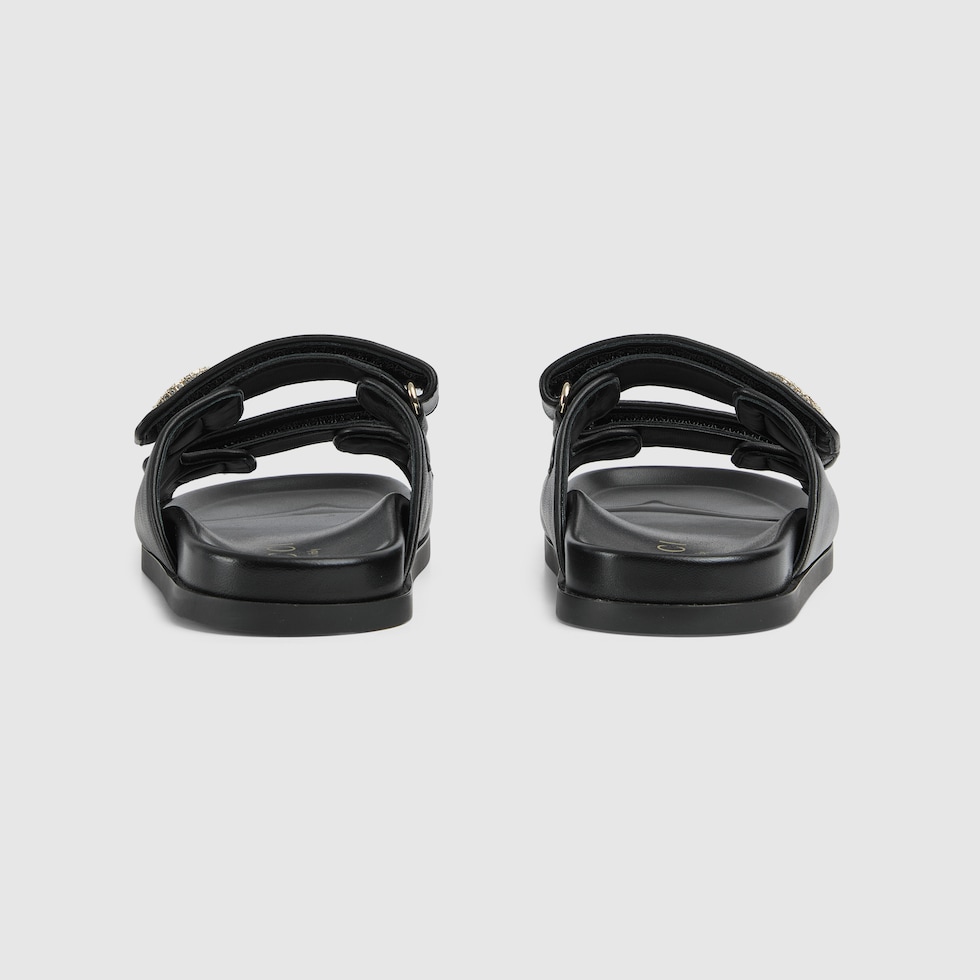 Women's sandal with crystals in black leather | GUCCI® US