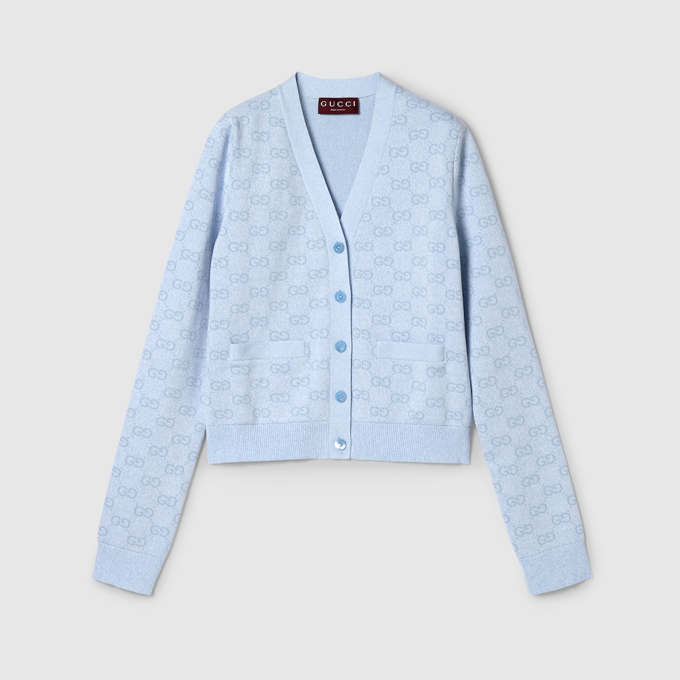 Fine cotton GG jacquard cardigan in light blue and white