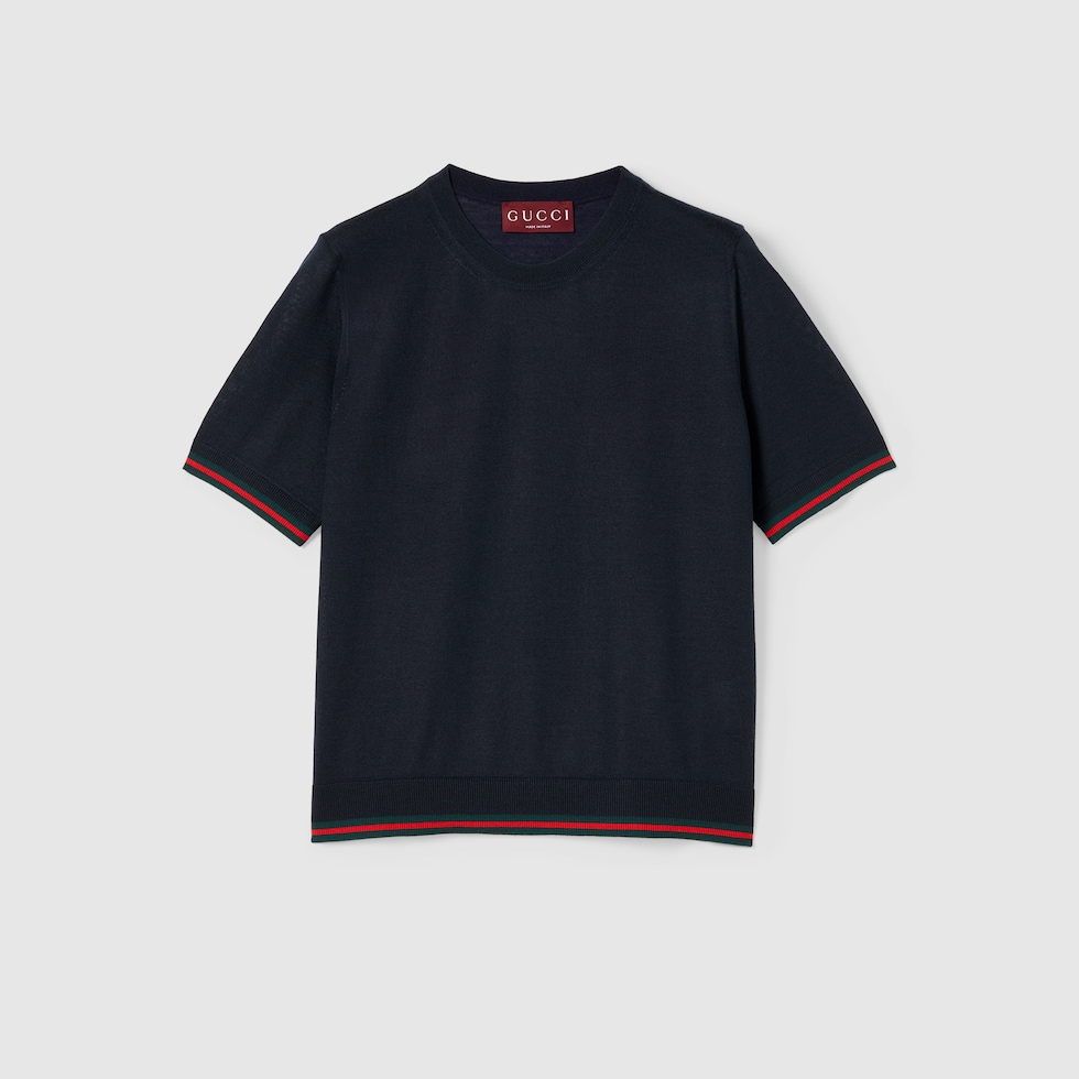 GUCCI シルク　半袖ニット　カットソー Extra fine cashmere silk top in navy | GUCCI® US