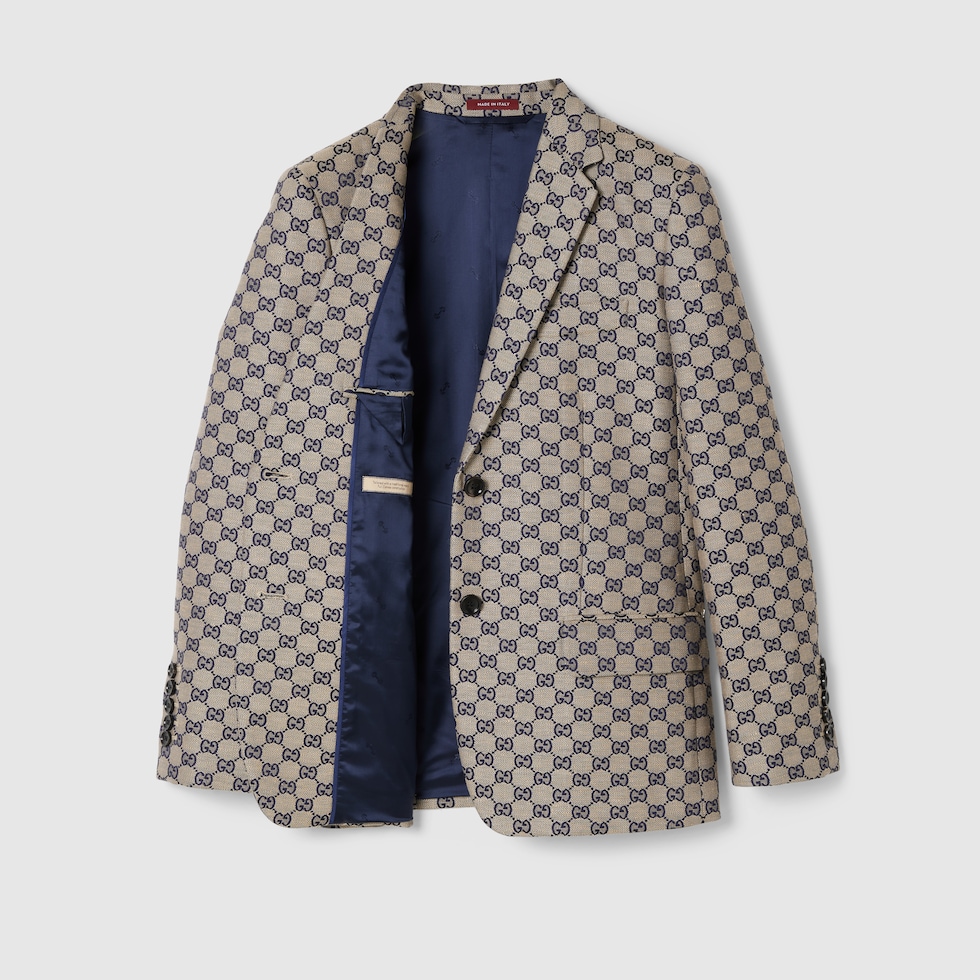 GG linen blend canvas jacket in beige and blue GUCCI US