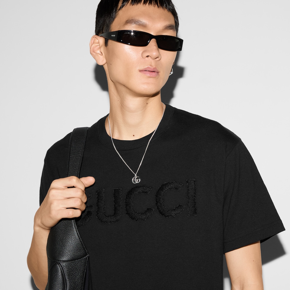 グッチシャツ Cotton jersey T-shirt with embroidery in black | GUCCI® US
