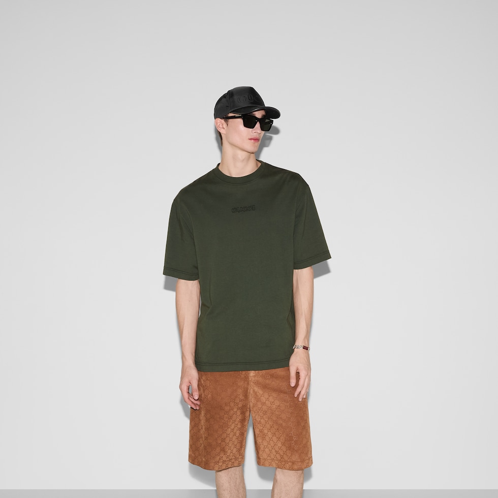 Embroidered cotton jersey T-shirt in forest green | GUCCI® US