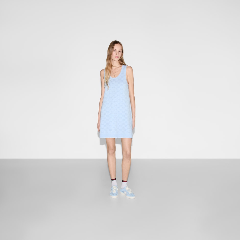 GG cotton jacquard mini dress in light blue and white