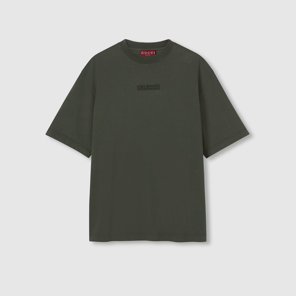 Embroidered cotton jersey T-shirt in forest green | GUCCI® US