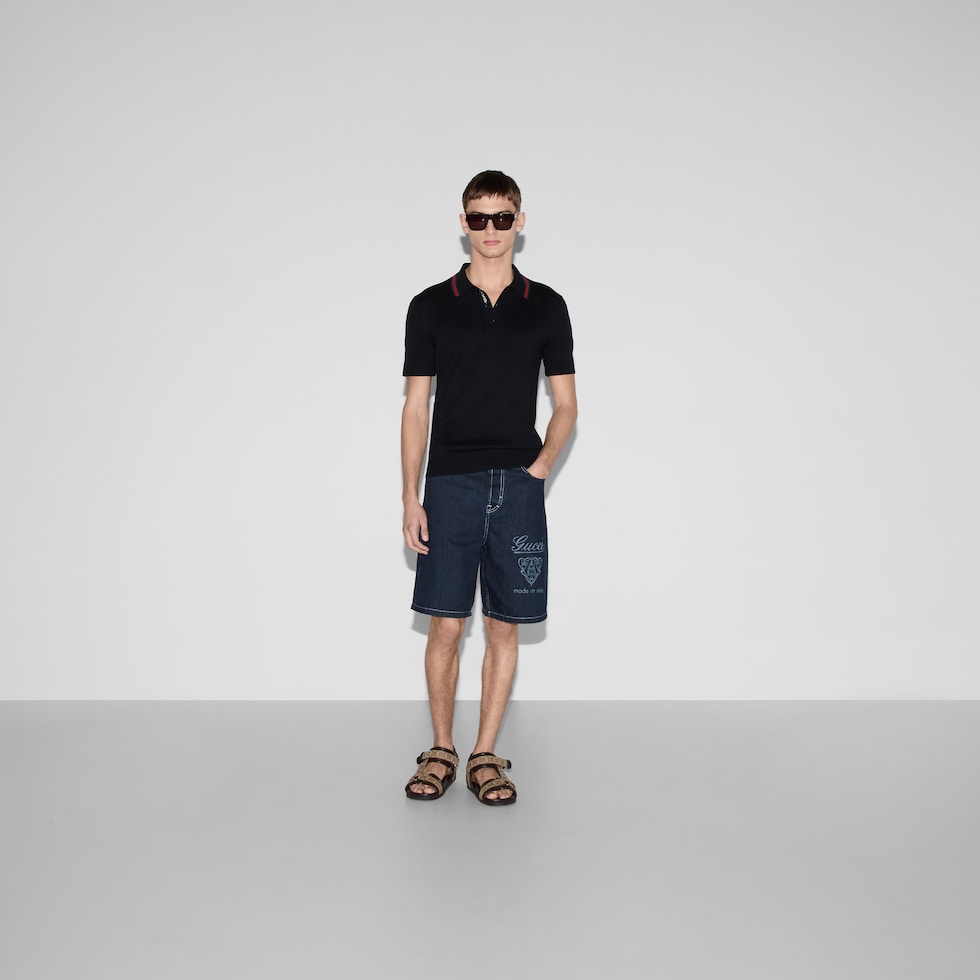 Silk cotton polo shirt with Web in navy | GUCCI® US Silk cotton polo shirt with Web in navy | GUCCI® US