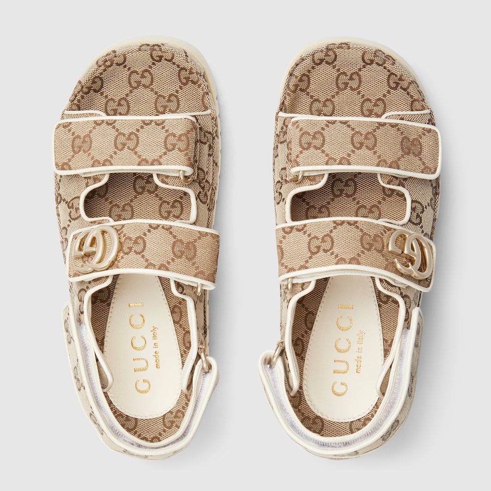 【GUCCI】sandal with Double G ベルクロストラップ サンダル Women's sandal with Double G in beige and dark brown GG