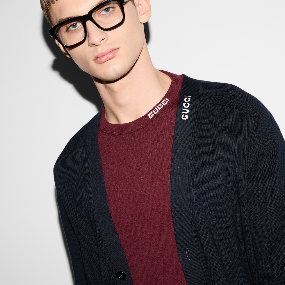 Silk cotton cardigan with intarsia in navy | GUCCI® US