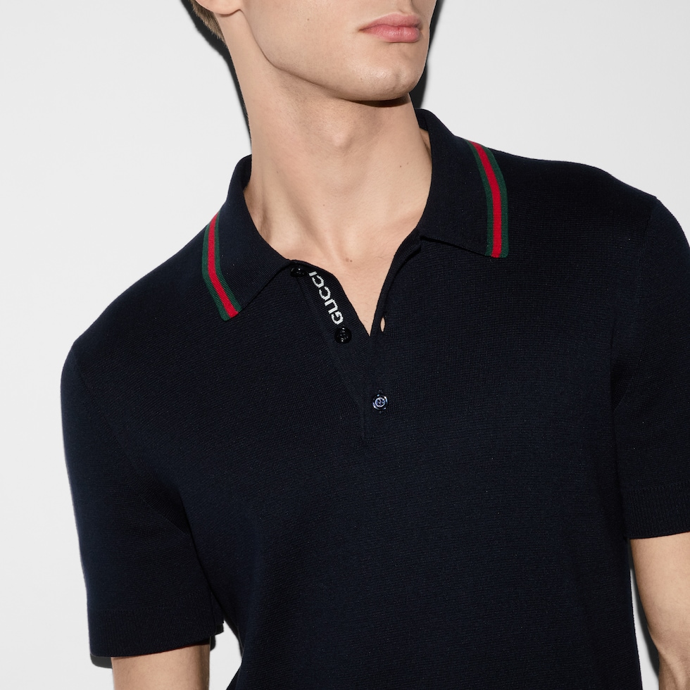 GUCCI 水色 ストライプポロシャツ Cotton polo shirt with GG embroidery in dark blue | GUCCI® US