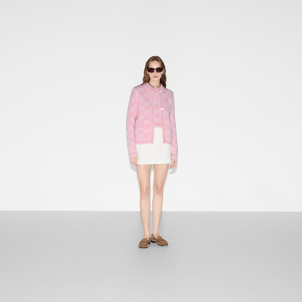 GGウール ブークレ ジャカード カーディガン ・ライトピンク＆ホワイト