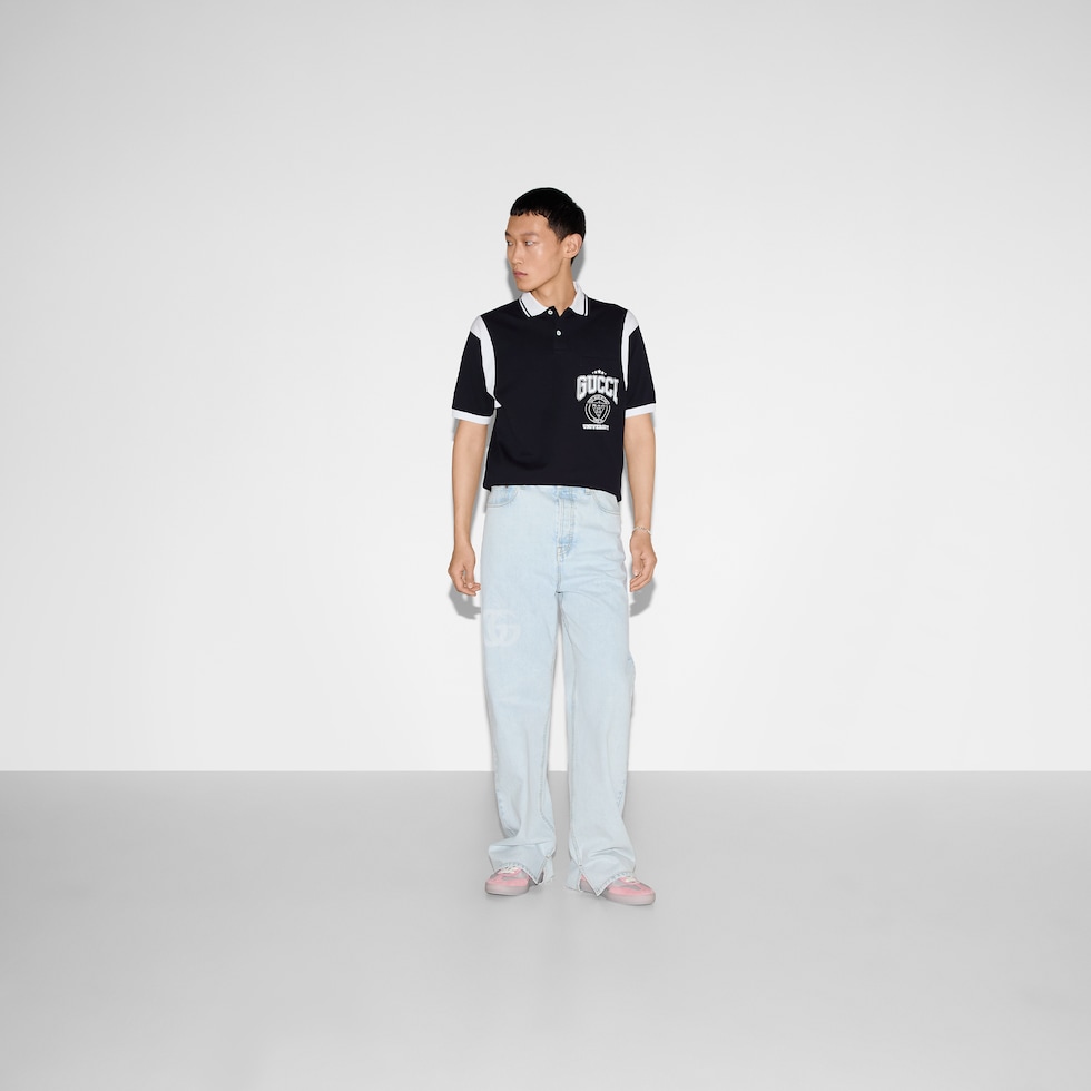 Cotton piquet polo shirt with print in navy | GUCCI® US