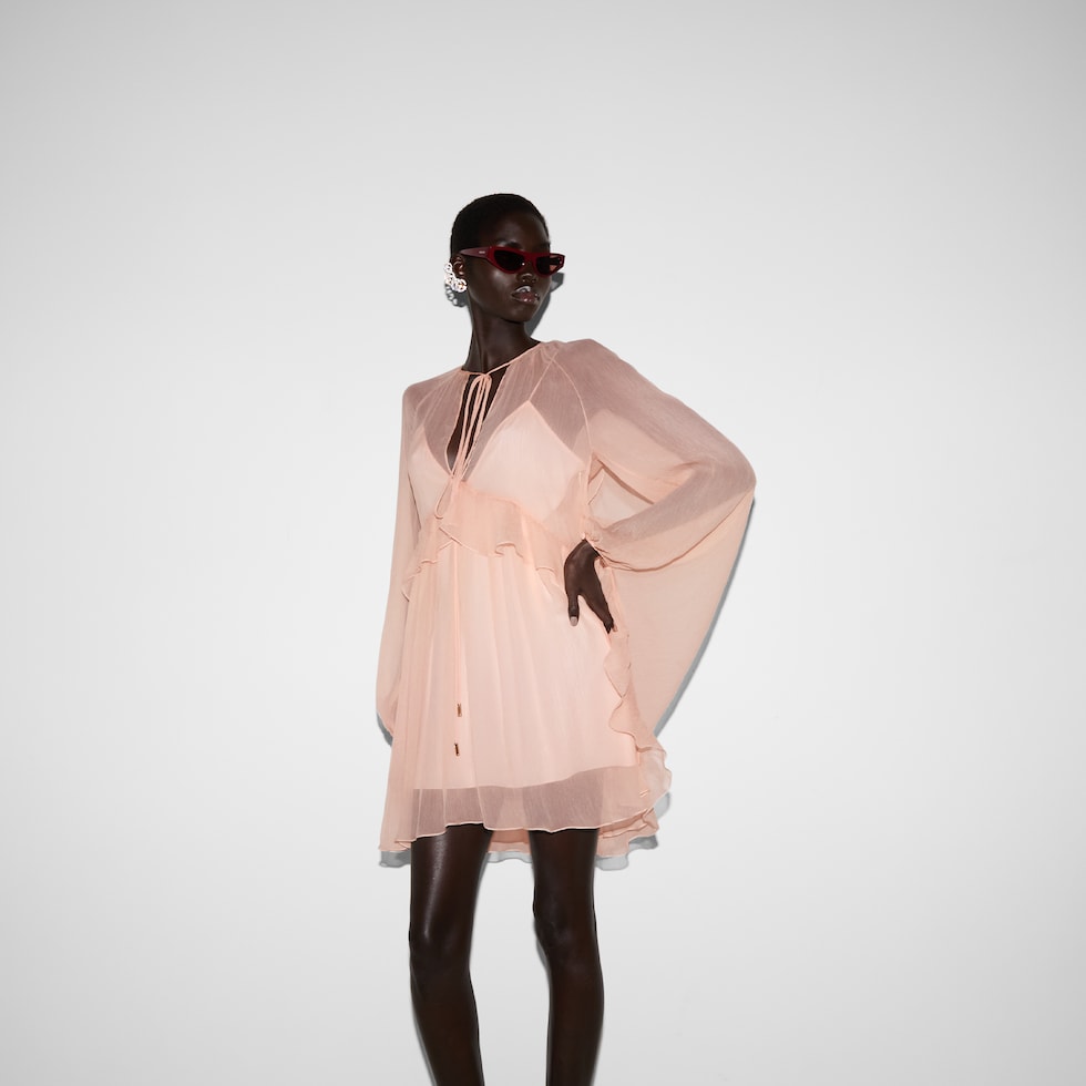 Silk chiffon creponne dress in light pink | GUCCI® NL