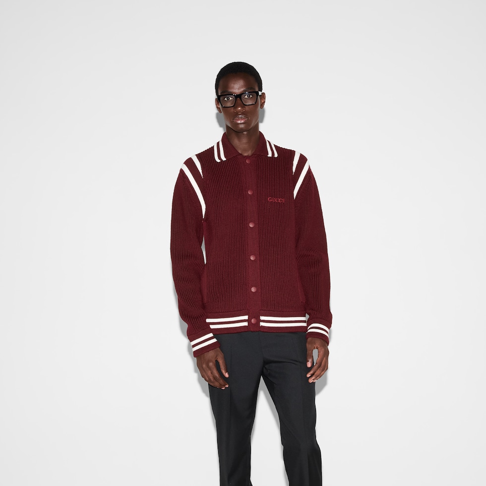 Knit wool cardigan with embroidery in bordeaux | GUCCI® US Knit wool cardigan with embroidery in bordeaux | GUCCI® US