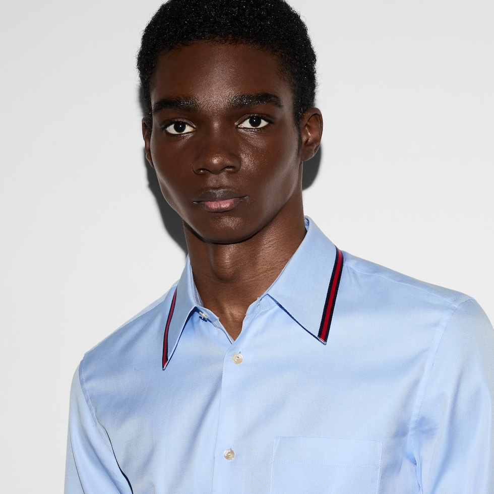 Oxford cotton shirt with Web in pale blue | GUCCI® US Oxford cotton shirt with Web in pale blue | GUCCI® US