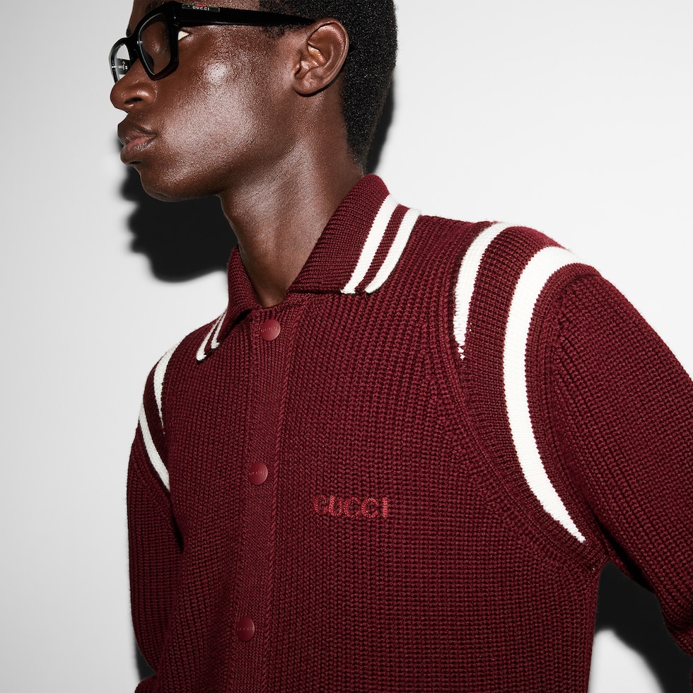 グッチニット Knit wool cardigan with embroidery in bordeaux | GUCCI® US