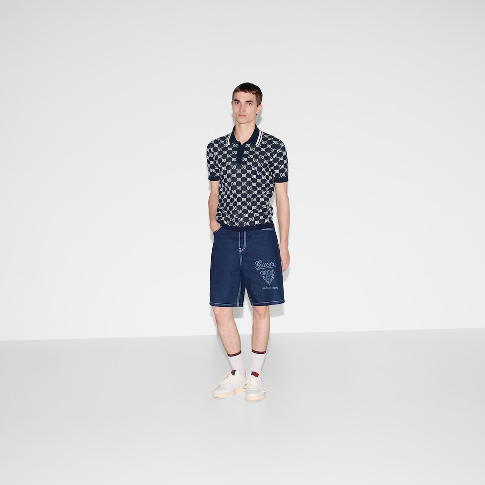 GG cotton knit jacquard polo shirt in navy and white | GUCCI® US GG cotton knit jacquard polo shirt in navy and white | GUCCI® US
