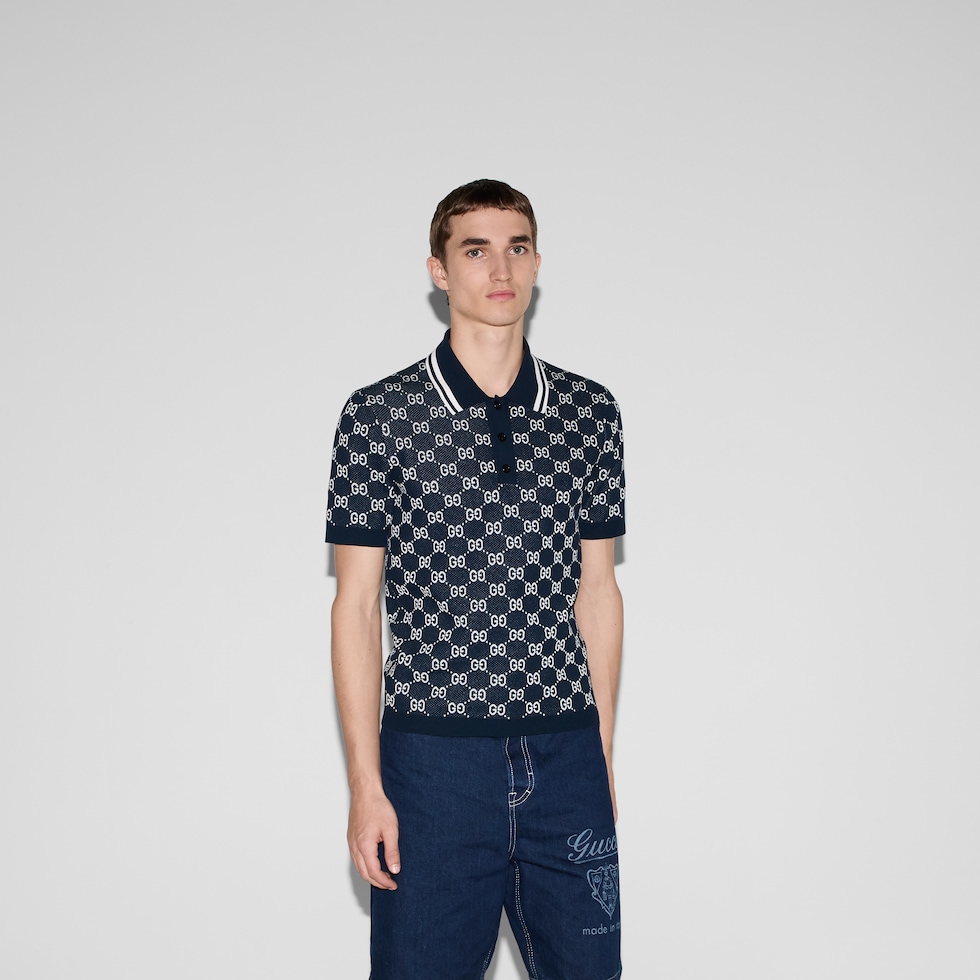 GG cotton knit jacquard polo shirt in navy and white | GUCCI® US