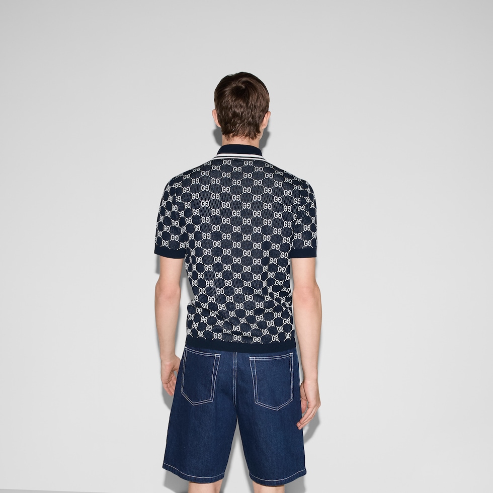 GG cotton knit jacquard polo shirt in navy and white | GUCCI® US GG cotton knit jacquard polo shirt in navy and white | GUCCI® US