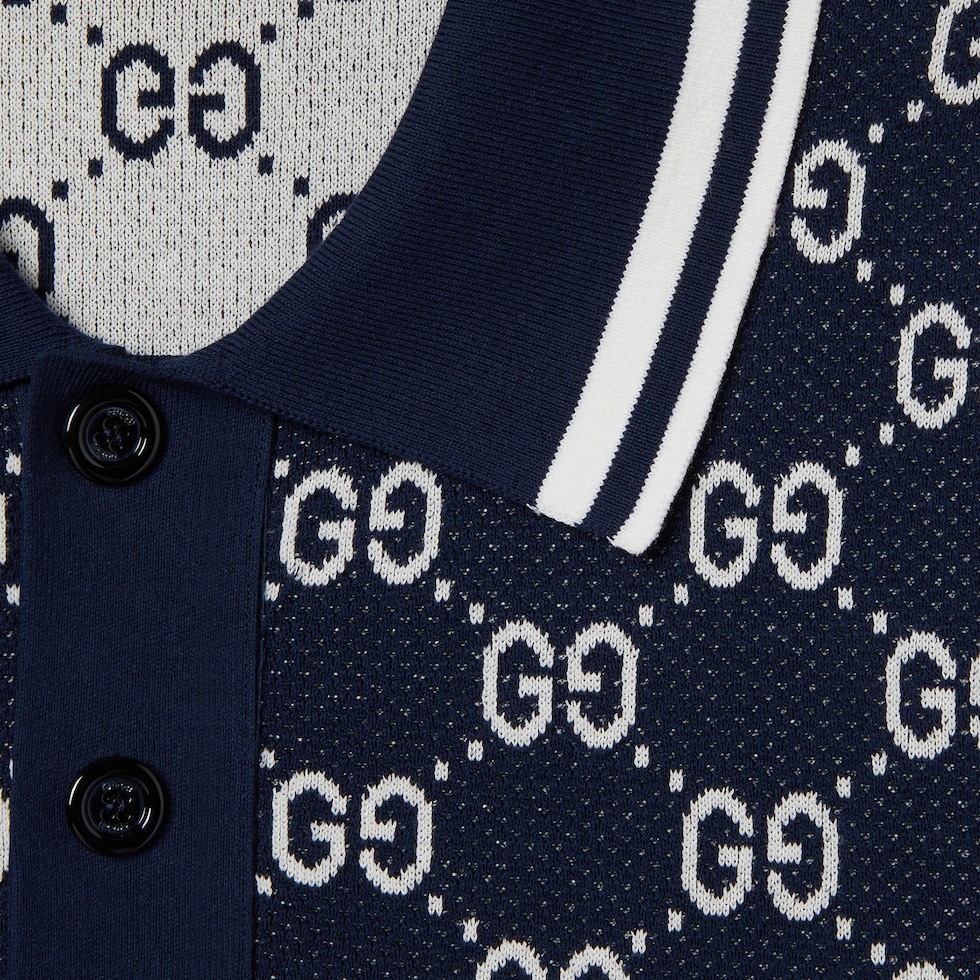 GG cotton knit jacquard polo shirt in navy and white | GUCCI® US