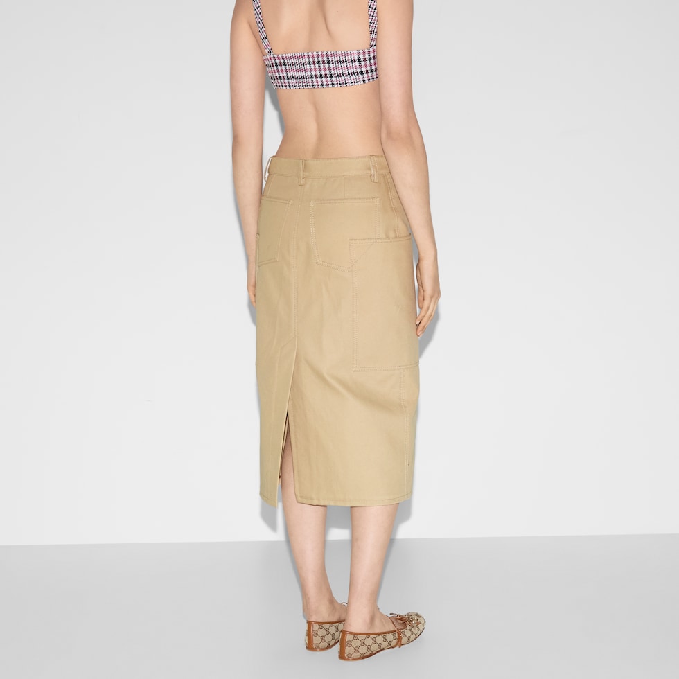 Embossed mid-length cotton drill skirt in beige | GUCCI® US