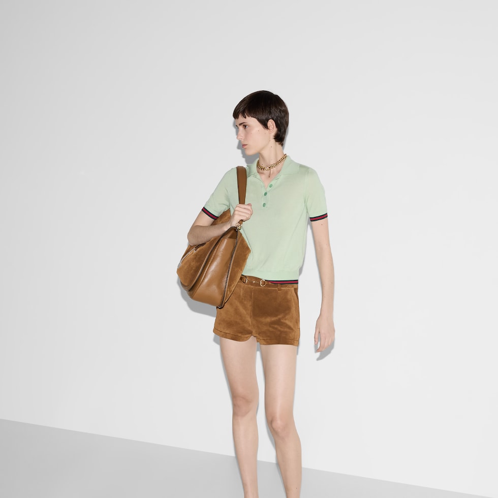 Extra fine cashmere silk polo top in pale green | GUCCI® US