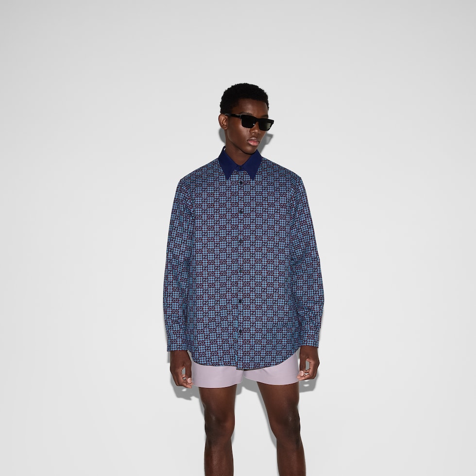 GG vichy cotton wool jacquard shirt in light blue and