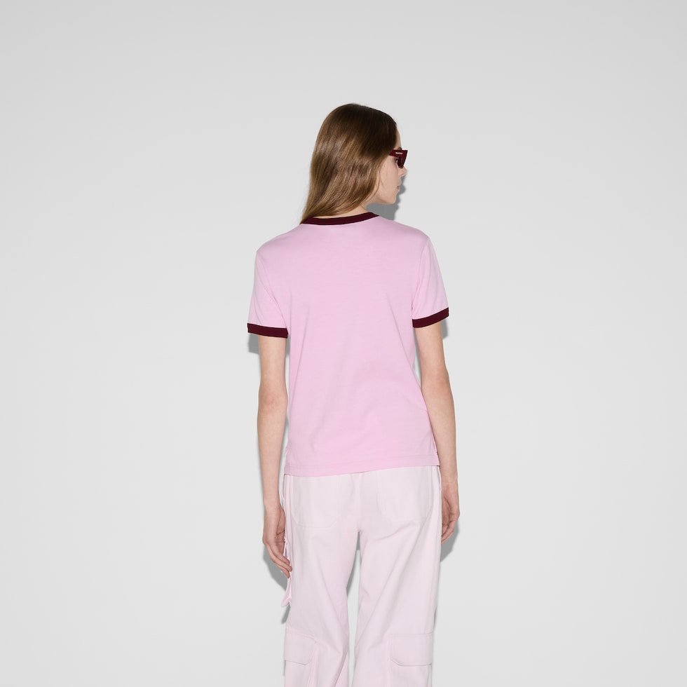 Embroidered cotton jersey T-shirt in pink | GUCCI® SI