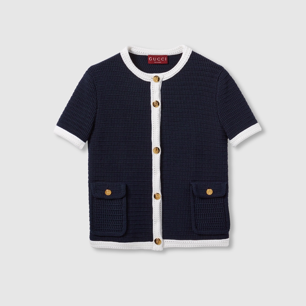 GUCCI◆カーディガン(薄手)/6/ウール/ネイビー/599105 XKA5Z Wool cardigan with GG intarsia in navy and blue ombré