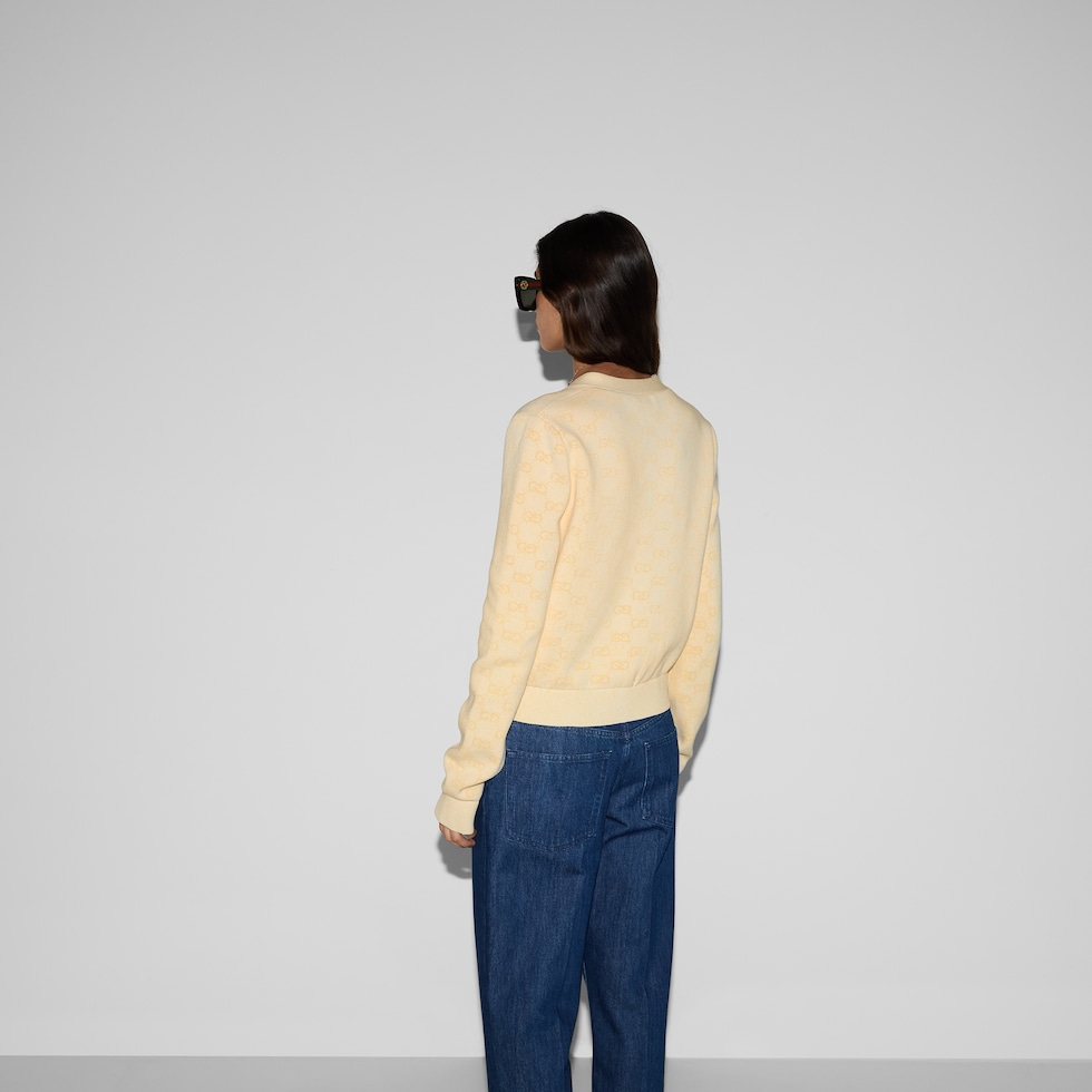 Fine cotton GG jacquard cardigan in pastel yellow and white Fine cotton GG jacquard cardigan in pastel yellow and white