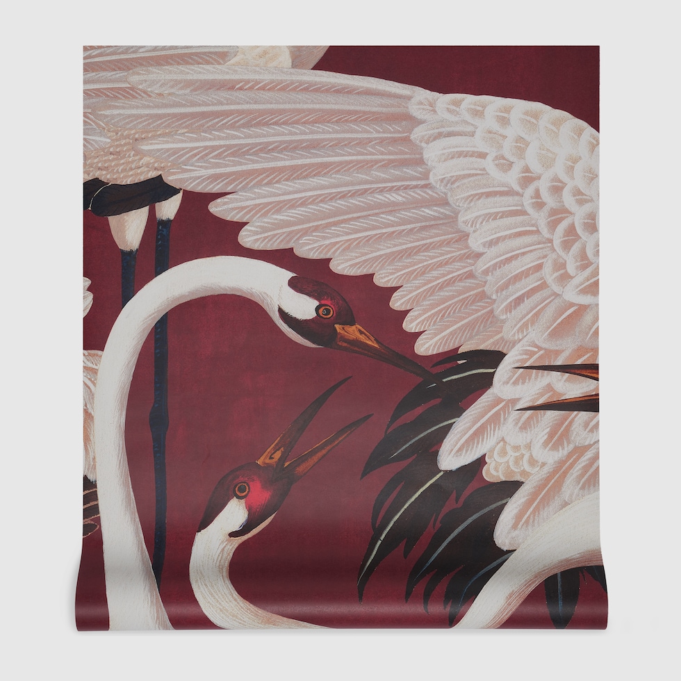 Heron print wallpaper in Rosso Ancora red | GUCCI® US