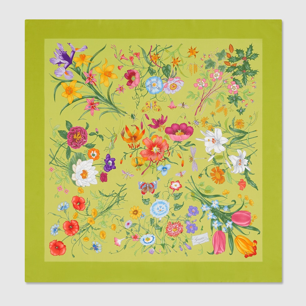 Printed silk twill carré in acid green and multicolor