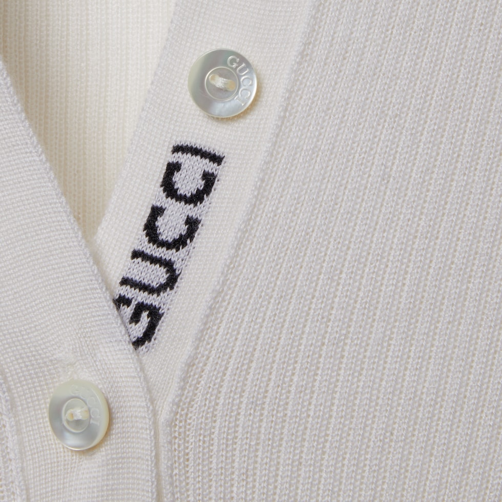 Cashmere and silk polo top with Web in white | GUCCI® US