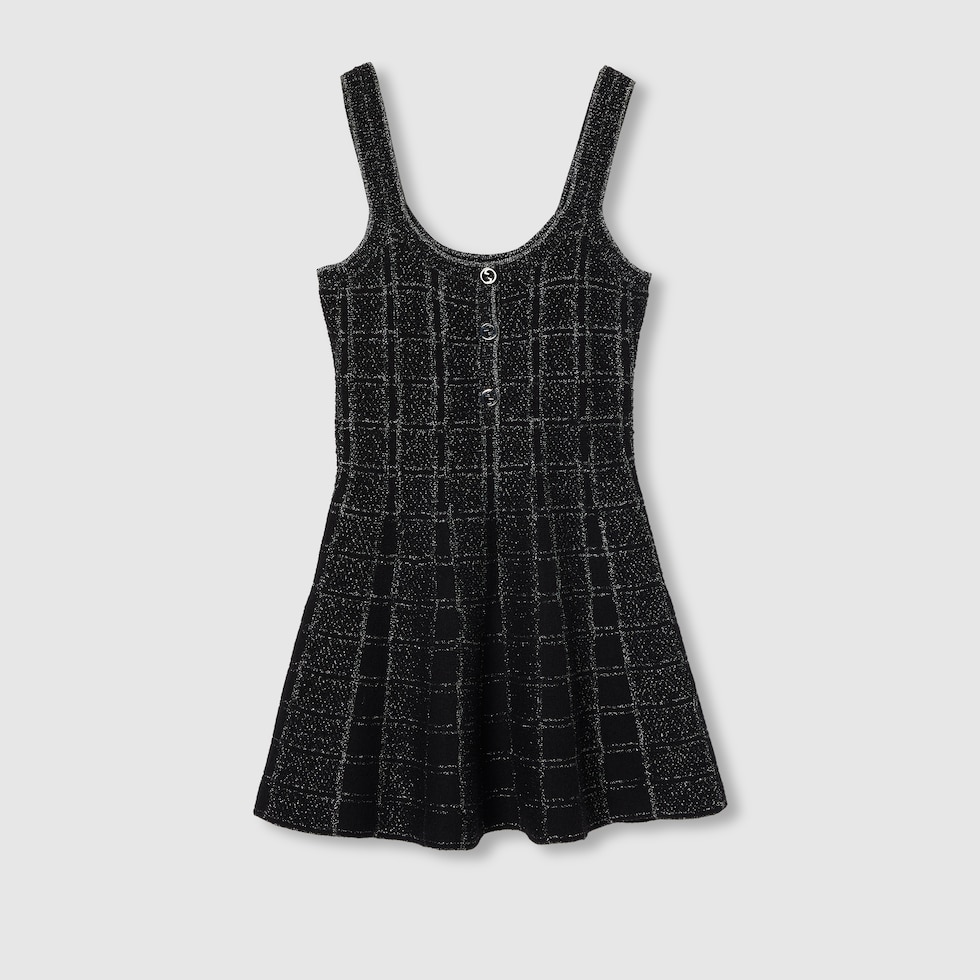 Wool and lamé check jacquard dress in black and silver